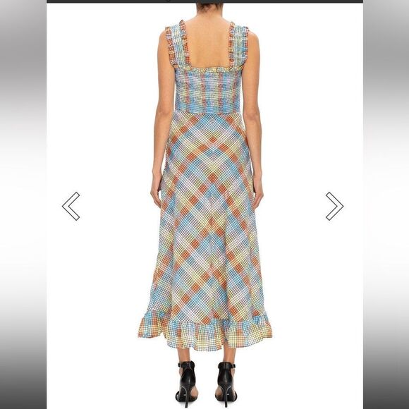 GANNI SEERSUCKER CHECK SLEEVELESS MIDI DRESS smocked cotton summer 42 L - Picture 2 of 14